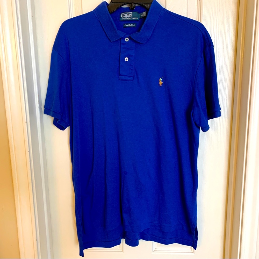 Mens Large Custom Fit Royal Blue Polo by Ralph Lauren Shirt Brown Logo Stains